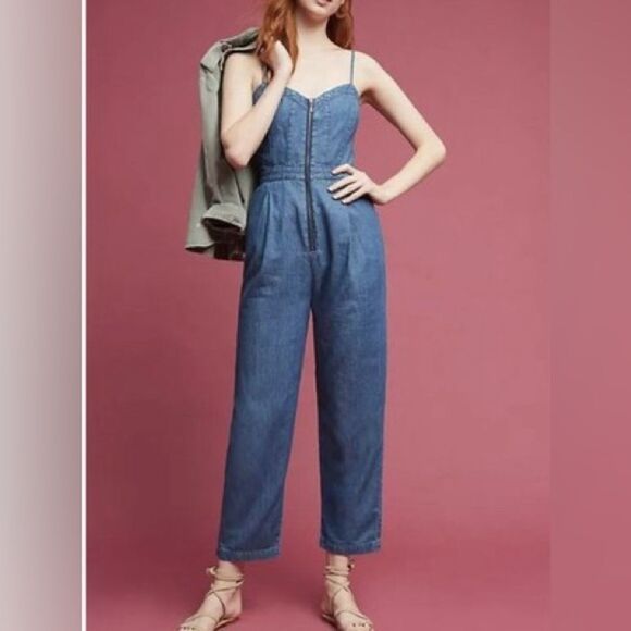 Anthropologie Pilcro Blue Denim Overalls with Cropped Wide-Leg Sz 0 - Picture 1 of 8